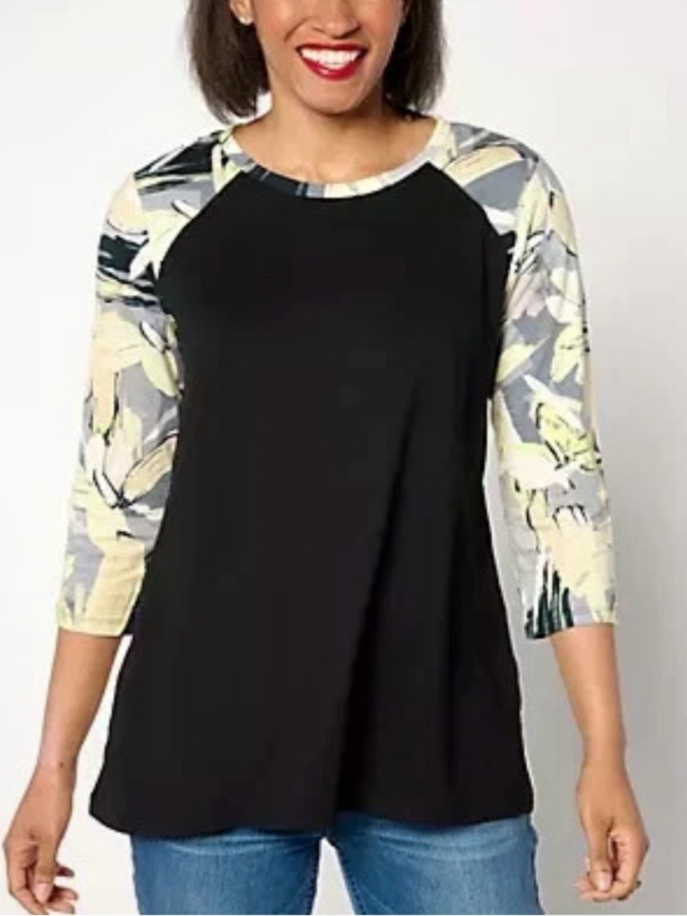 LOGO Women’s Black Raglan Sleeve Top with Floral Print Sleeves Size XL